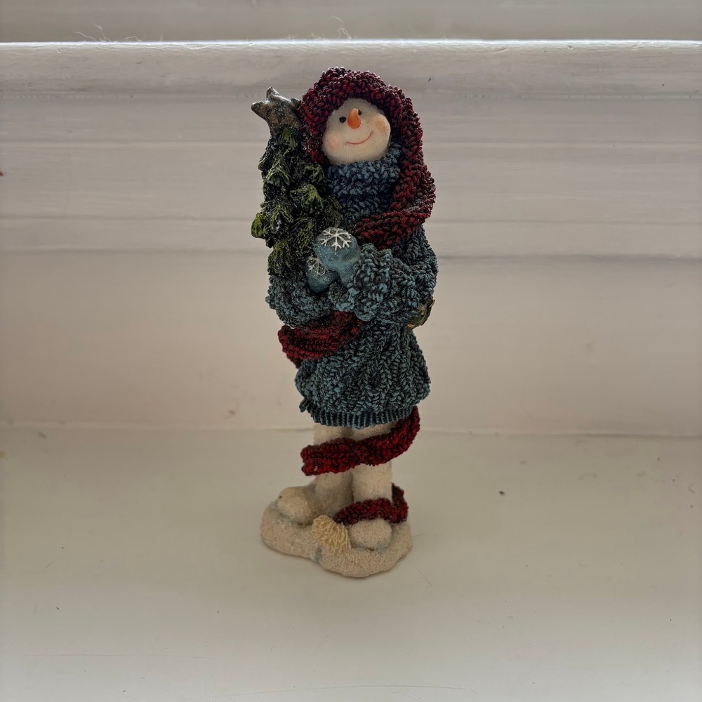 Rustic Snowman Figurine Blue Cable Knit Sweater Burgundy Scarf Christmas Decor